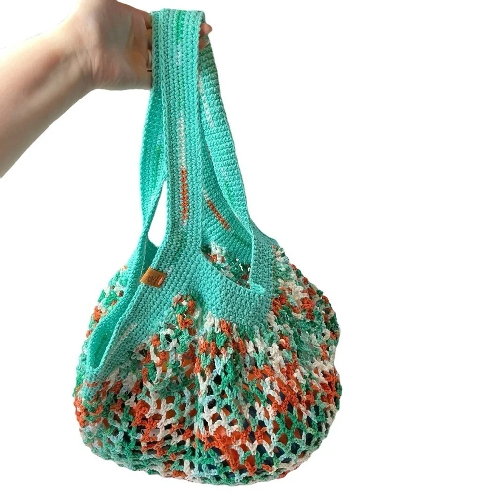 Large‎ Crochet Mesh Market Bag Teal White Cotton Handcrafted Handmade Reusable